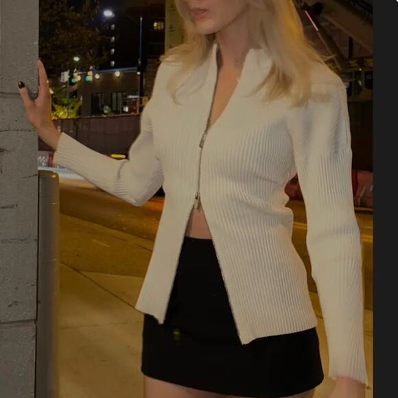 A.L.C. White Ribbed Knit Full Zip Sweater LARGE Work Quiet Luxury Designer $500 - Picture 7 of 14